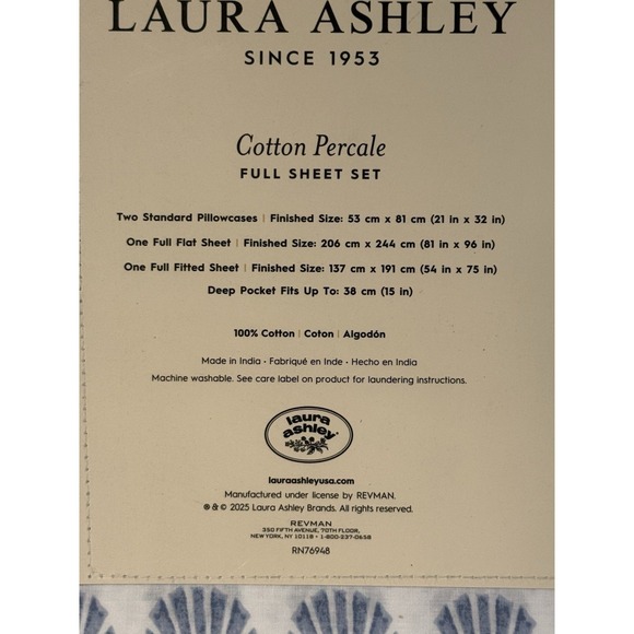 Laura Ashley FULL Blue Shell Scallops Full Sheet Set 4 PCS 100% Cotton Percale - Picture 4 of 4